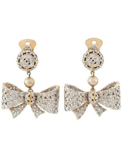 Pre-owned Valentino Garavani 1980s Crystal-embellished Bow Earrings In Gold
