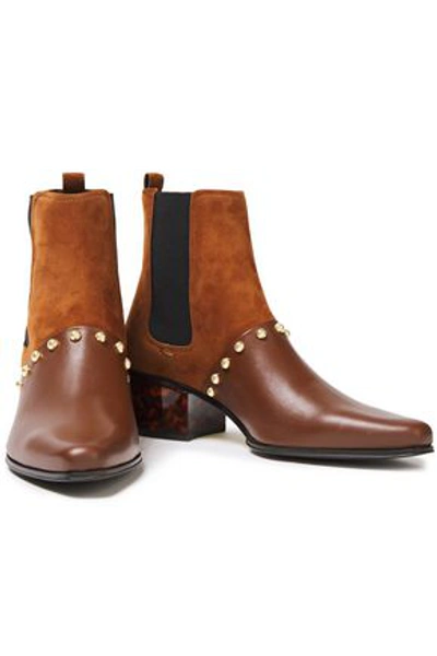 Shop Balmain Artemisia Studded Suede And Leather Ankle Boots In Light Brown