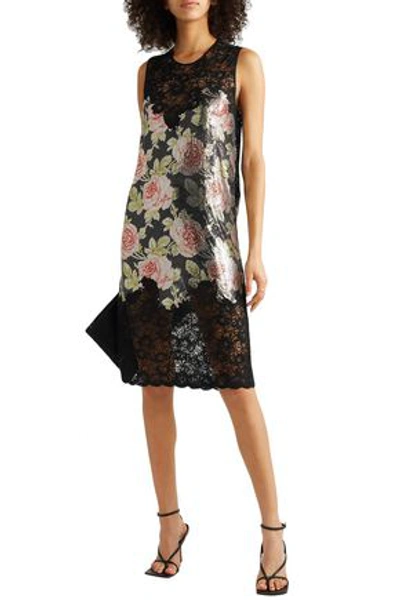 Shop Paco Rabanne Paneled Corded Lace And Floral-print Chainmail Dress In Black