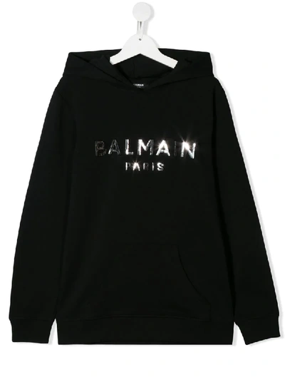 Shop Balmain Teen Mirrored Logo Hoodie In Black