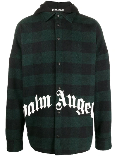 Shop Palm Angels Logo Hooded Plaid Overshirt In Green