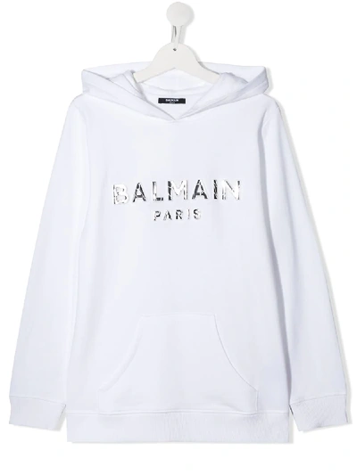 Shop Balmain Teen Mirrored Logo Hoodie In White