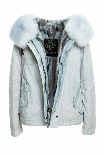 Shop Mr & Mrs Italy Misty Blue Parka Cropped A-line With Mink Fur In Misty Blue / Misty Blue / White Misty Blue