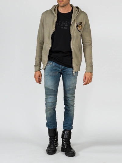 Shop Balmain Badge Hoodie Grey