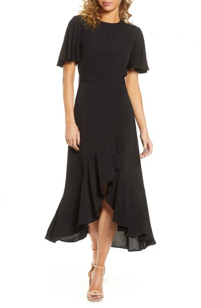 Shop French Connection Emina Belted High/low Midi Dress In Black