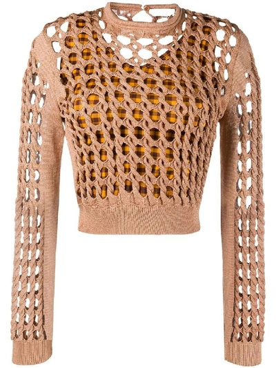 Shop Fendi Interlocked Knit Cropped Top In Brown
