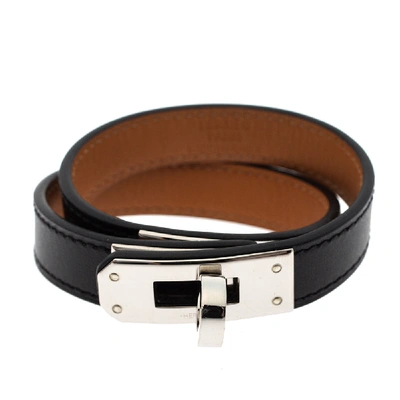 Pre-owned Hermes Kelly Black Leather Palladium Plated Double Tour Bracelet S