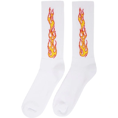 Shop Palm Angels White Flames Socks In White/oran