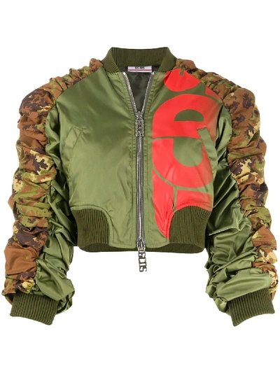 Shop Gcds Cropped Ruched Bomber Jacket In Green