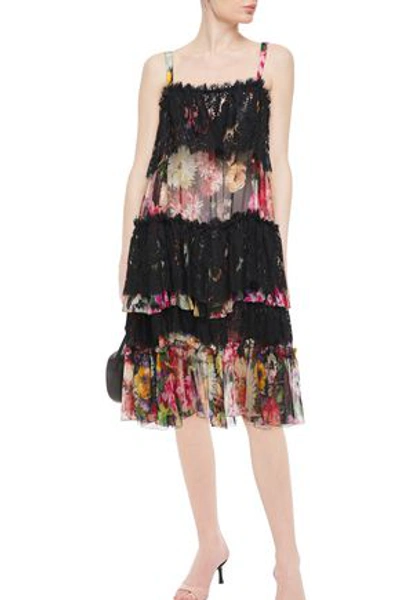 Shop Dolce & Gabbana Tiered Floral-print Silk-blend Voile And Lace Dress In Black