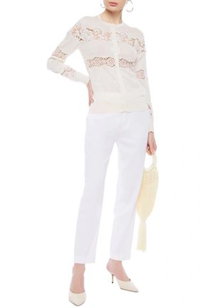 Shop Dolce & Gabbana Guipure Lace And Crochet-paneled Embroidered Silk-blend Cardigan In Off-white