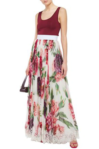 Shop Dolce & Gabbana Embroidered Tulle-trimmed Floral-print Silk-blend Gauze Maxi Skirt In White