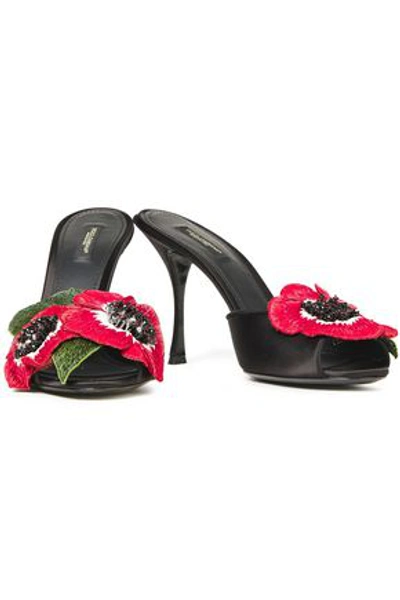 Shop Dolce & Gabbana Floral-appliquéd Satin Mules In Black