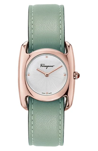 Shop Ferragamo Salvatore Feragamo Vara Leather Strap Watch, 28mm X 34mm In Green/ White Guilloche/ Rose