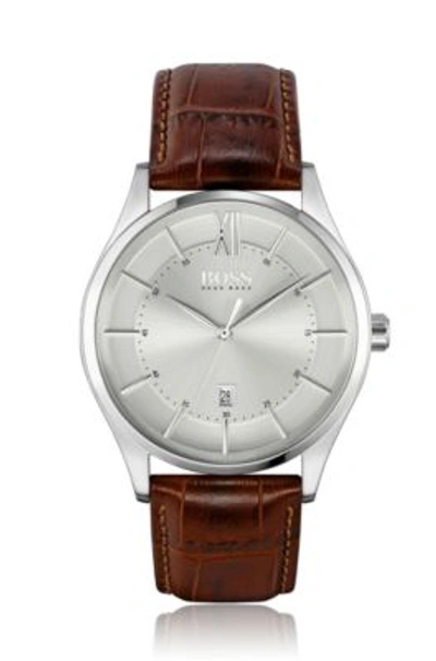 Shop Hugo Boss Brushed Dial Watch With Crocodile Embossed Leather Strap In Assorted-pre-pack