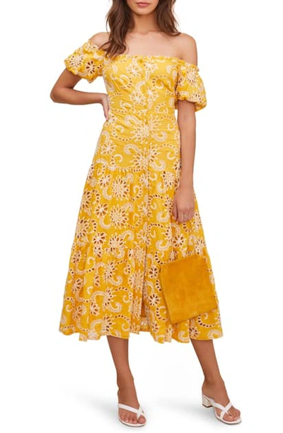 Shop Astr Te Amo Off The Shoulder Midi Dress In Mustard