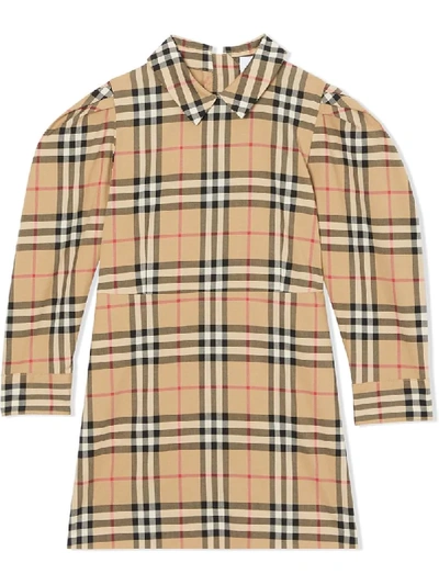 Shop Burberry Puff-sleeve Vintage Check Dress In Neutrals