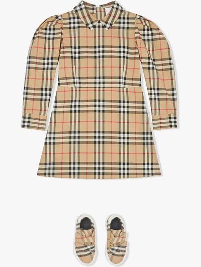 Shop Burberry Puff-sleeve Vintage Check Dress In Neutrals