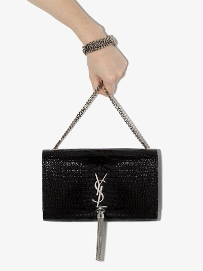 Shop Saint Laurent Black Kate 99 Mock Croc Leather Shoulder Bag