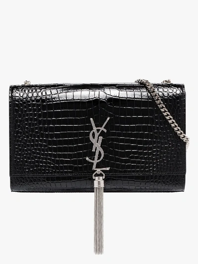 Shop Saint Laurent Black Kate 99 Mock Croc Leather Shoulder Bag