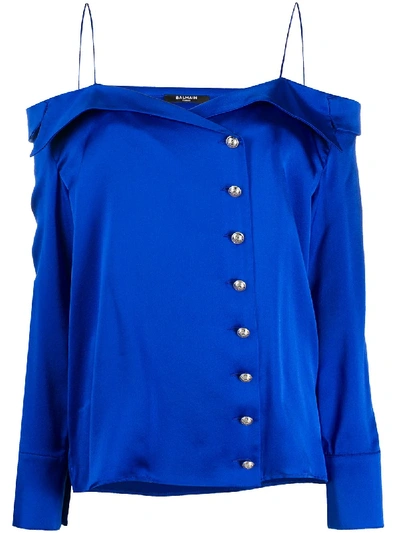 Shop Balmain Off-shoulder Silk Blouse In Blue