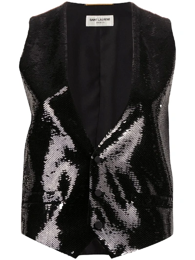 Shop Saint Laurent Sequin-embellished Waistcoat In Black