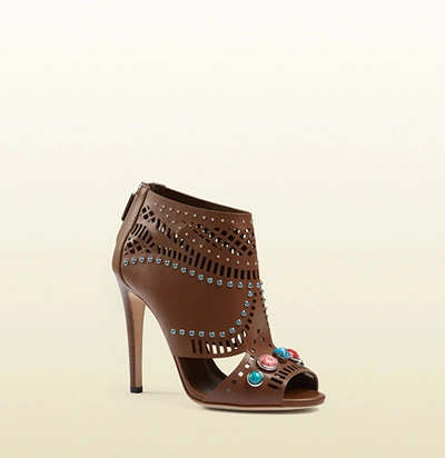 Gucci Embellished Open-toe Leather Ankle Boots In Dark Brown