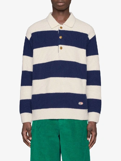 Shop Gucci Gg Patch Knitted Polo Shirt In Blue