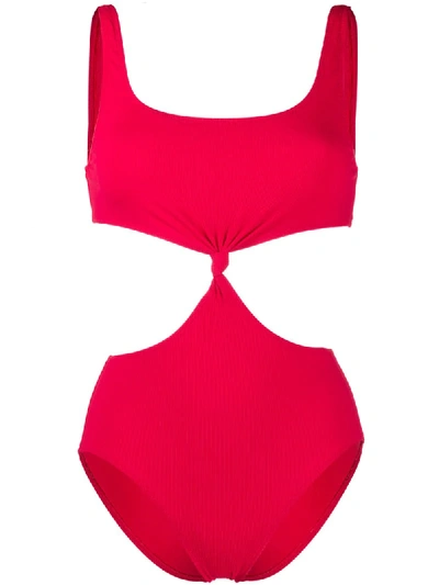 Shop Solid & Striped Cut-out Gathered Swimsuit In Red