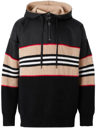 Shop Burberry Icon Stripe Rib-knit Hoodie In Black