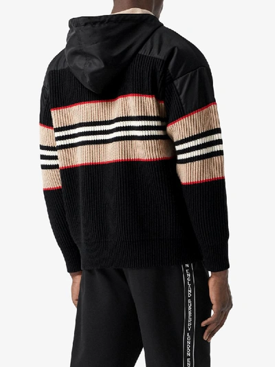 Shop Burberry Icon Stripe Rib-knit Hoodie In Black