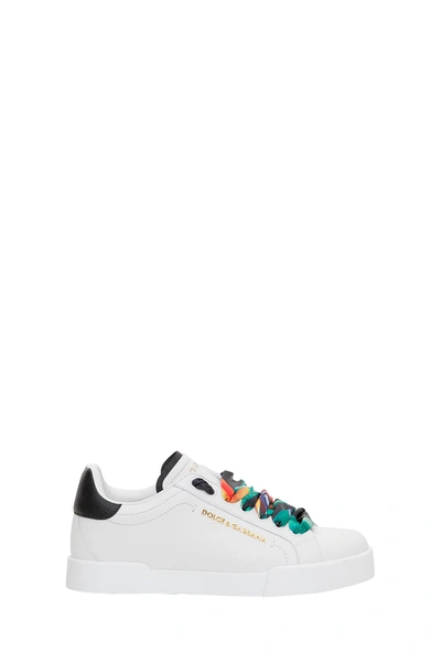 Shop Dolce & Gabbana Portofino Sneakers With Printed Twill Lacing In White