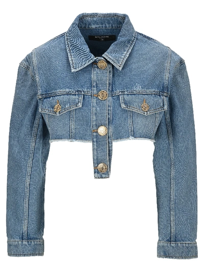 Shop Balmain Cropped Denim Jacket In Blue