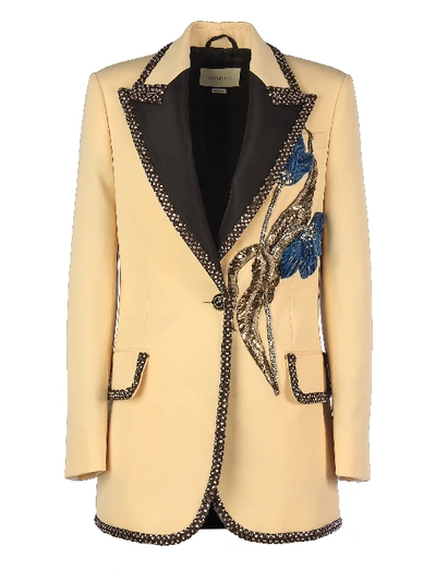 Shop Gucci Chrystal Insert Logo Button And Floral Decoration Jkt/ Gioiello Rever Lancia In Beige