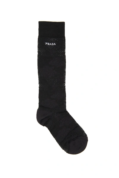 Shop Prada Lace Socks With Triangle In Nero