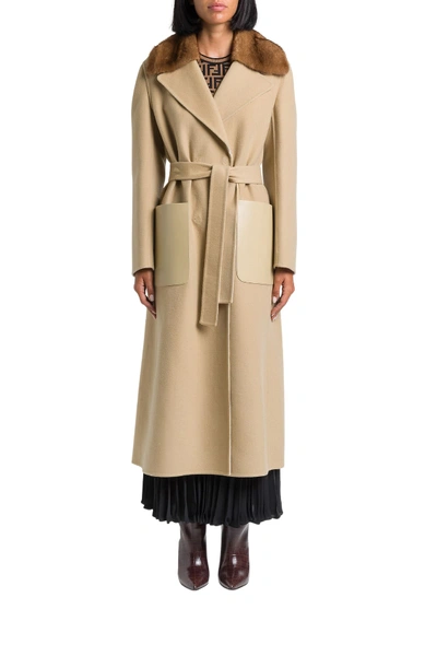 Shop Fendi Cashmere Double Coat With Mink Fur Collar In Beige