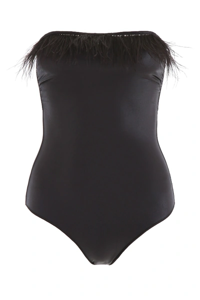 Shop Oseree Swimsuit With Feathers In Nero
