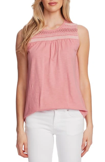 Shop Vince Camuto Embroidered Yoke Sleeveless Cotton Blend Top In Dahlia Rose