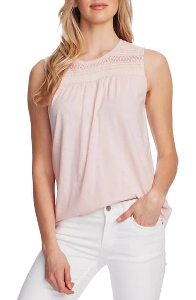 Shop Vince Camuto Embroidered Yoke Sleeveless Cotton Blend Top In Fresh Pink