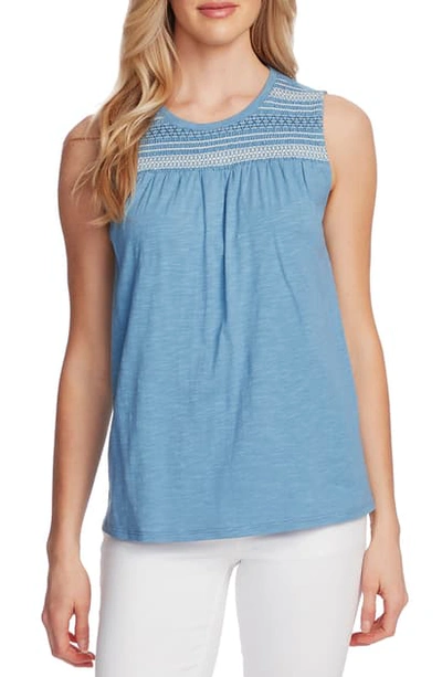 Shop Vince Camuto Embroidered Yoke Sleeveless Cotton Blend Top In Rapture Blue