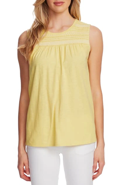Shop Vince Camuto Embroidered Yoke Sleeveless Cotton Blend Top In Soft Canary
