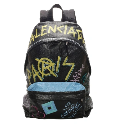 Pre-owned Balenciaga Black Graffiti Explorer Leather Backpack
