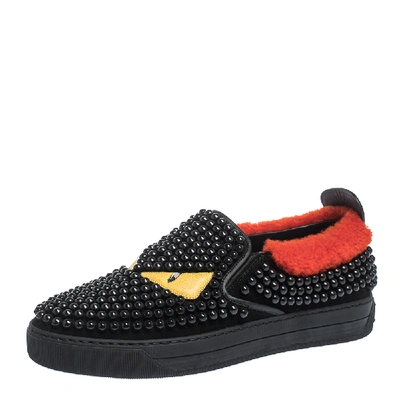 Pre-owned Fendi Black/red Studded Suede And Leather Monster Slip On Sneakers Size 39