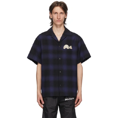Shop Palm Angels Blue And Black Check Bear Bowling Shirt In Blue Brown