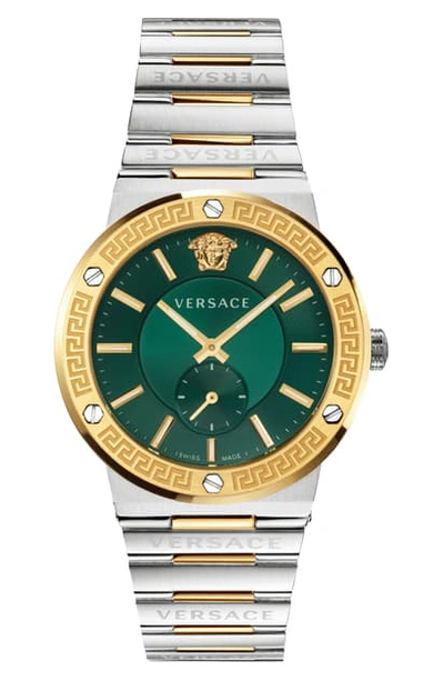 Shop Versace Greca Logo Bracelet Watch, 41mm In Silver/ Green/ Gold