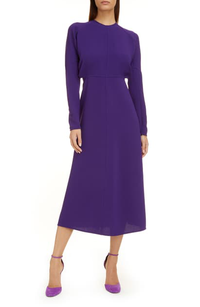 Victoria Beckham Crewneck Long-sleeve Midi Cady Dress In Purple | ModeSens
