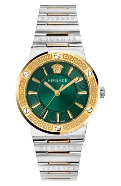 Shop Versace Greca Logo Bracelet Watch, 38mm In Silver/ Green/ Gold