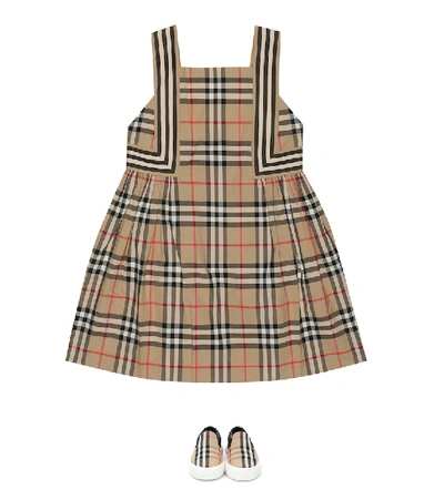 Shop Burberry Checked Cotton Dress In Beige