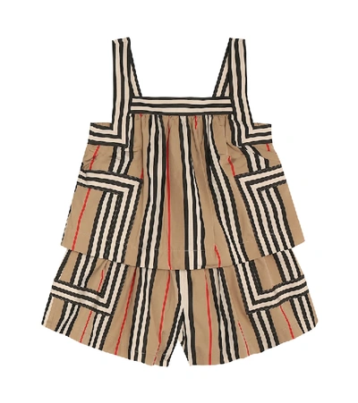 Shop Burberry Florence Icon Stripe Cotton Playsuit In Beige