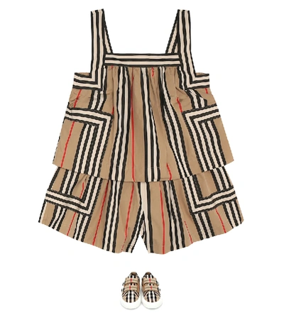 Shop Burberry Florence Icon Stripe Cotton Playsuit In Beige